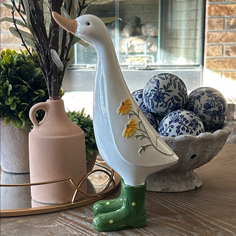 NEW! Vintage Inspired Floral Goose & Rain Boots Statue
